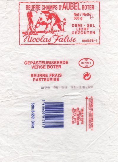 Nicolas Falise beurre des champs d'Aubel boter demi sel beurre pasteurisé 500g BE CO 122-1 CE Belgique