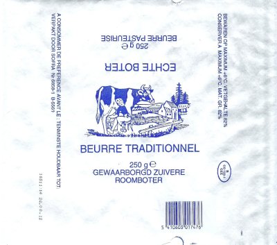 Beurre traditionnel echte boter beurre pasteurisé gewaarborgd zuivere roomboter 250g B CO 122-1 CEE Belgique