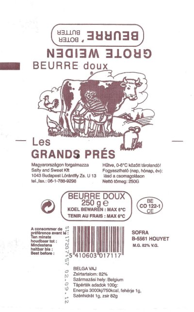 Les grands prés beurre doux grote weiden 250g BE CO 122-1 CE Belgique