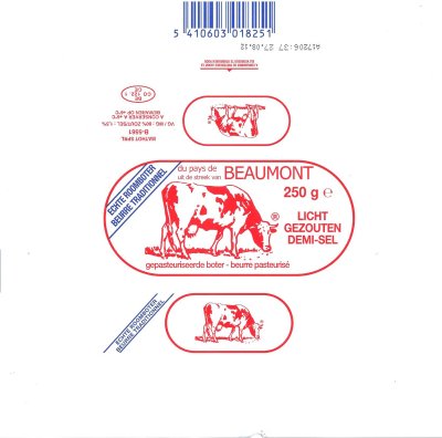 Beaumont du pays de Beaumont echte roomboter beurre traditionnel licht gezouten demi-sel 250g BE CO 122.1 CE Belgique