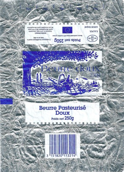 Beurre doux pasteurisé 250g FR 63.113.51 CE Auvergne France