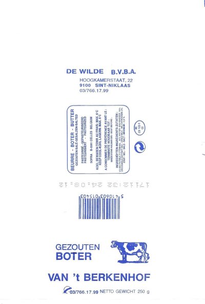 De Wilde gezouten boter Van't berkenhof 250g BE CO 122-1 CE Belgique