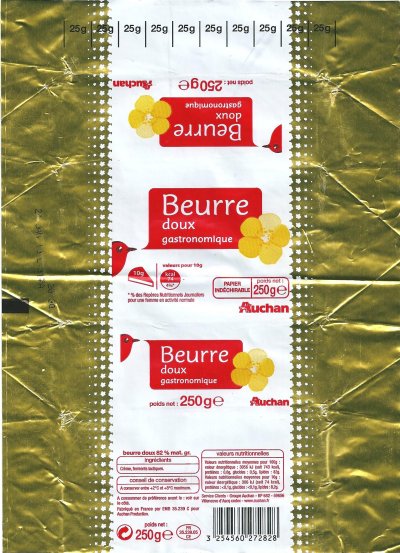 Auchan beurre doux gastronomique 250g FR 35.239.05 CE Bretagne France