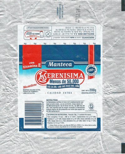 La serenisima manteca menos de 50.000 calidad extra con vitamine E industrua Argentina 200g Argentine