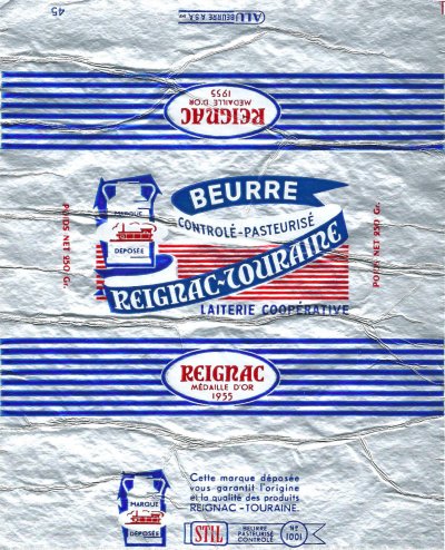 Reignac Touraine médaille d'or 1955 beurre contrôlé pasteurisé laiterie coopérative 250g Centre France
