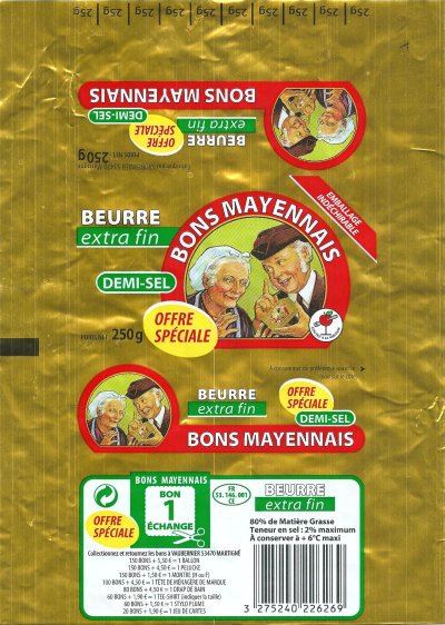 Bons mayennais beurre extra fin demi-sel offre spéciale bon 1 échange Martigné FR 53.146.001 CE Pays de Loire France