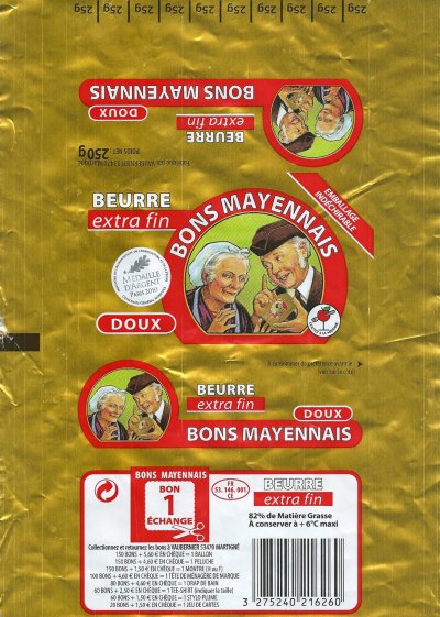 Bons mayennais beurre extra fin doux médaille d'argent Paris 2010 bon 1 échange 250g FR 53.146.001 CE Pays de Loire France