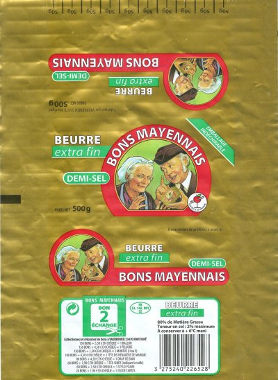 Bons mayennais beurre extra fin demi-sel bon 2 échanges goutez à la Mayenne 500g FR 53.146.001 CE Pays de Loire France