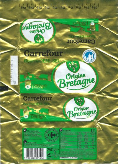 Carrefour origine Bretagne beurre demi-sel  250g FR 35.239.005 CE France