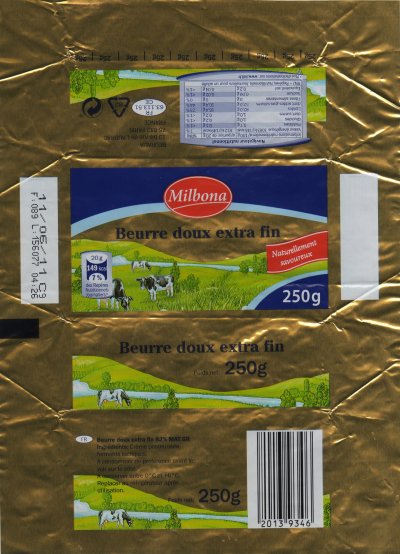 Milbona beurre doux extra fin naturellement savoureux 250g FR 63.113.51 CE Auvergne France