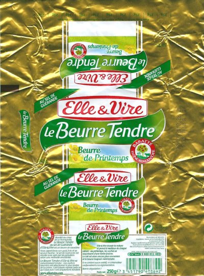 Elle & Vire le beurre tendre beurre de printemps au sel de Guérande baratté en Normandie 250g FR 40.139.001 CE France