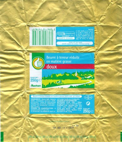 Auchan beurre à teneur réduite en matière grasse doux 250g FR 35.239.005 CE Bretagne France