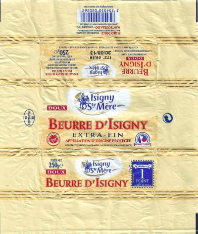 Beurre d'Isigny Isigny doux Ste Mère extra-fin appellation d'origine protégée 1 point 250g FR 14.342.001 CE Normandie France