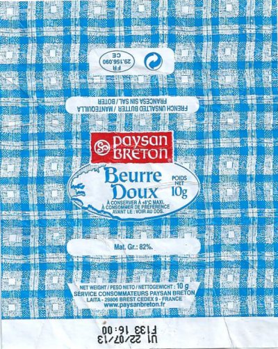 Paysan breton beurre doux french unsalted butter mantequilla francesa sin sal boter 10g FR 29.156.090 CE France exportation