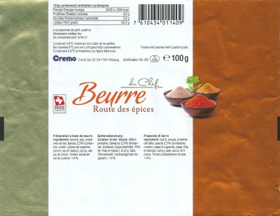 Cremo beurre du chef route des épices pasteurisé 100g CH 2409 Suisse