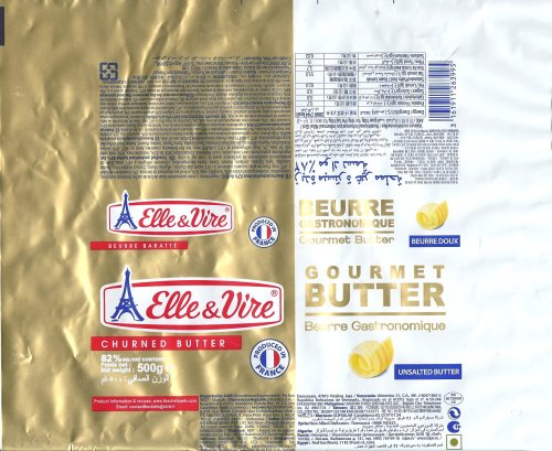 Elle & Vire beurre gastronomique gourmet butter beurre doux unsalted butter baratté churned butter produced in France 500g FR 50.139.001 CE