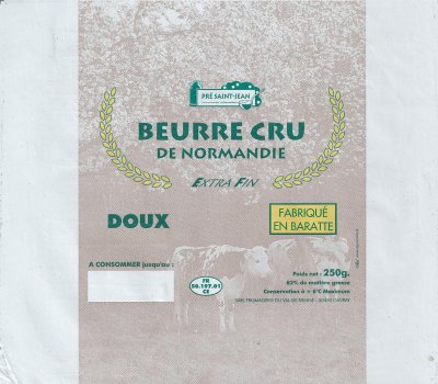 Beurre cru de Normandie extra fin doux fabriqué en baratte fromagerie du Val de Seine Gavray Pré Saint-Jean 250g FR 50.197.001 Normandie France