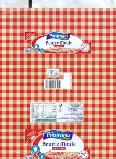 Pâturages beurre moulé demi-sel sélection crème origine France emballage indéchirable 500g FR 44.187.001 CE Pays de Loire France