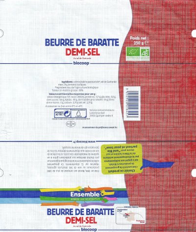 Beurre de baratte demi-sel au sel de Guérande biocoop bio ensemble solidaires avec les producteurs origine France 250g FR 29.232.093 CE Bretagne