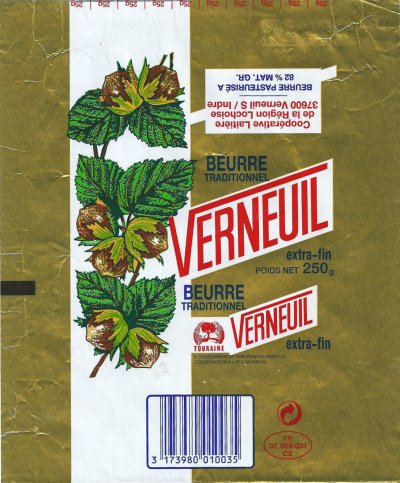 Verneuil beurre traditionnel Touraine coopérative laitière de la région Lochoise Verneuil S / Indre extra-fin 250g FR 37.269.031 CE Centre France