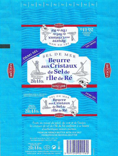Lescure depuis 1884 beurre aux cristaux de sel de l'Île de Ré demi-sel 250g FR 17.434.002 CE Poitou-Charentes France