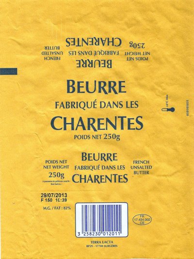 Beurre fabriqué dans les Charentes 250g FR 17.434.002 CE Poitou-Charentes France
