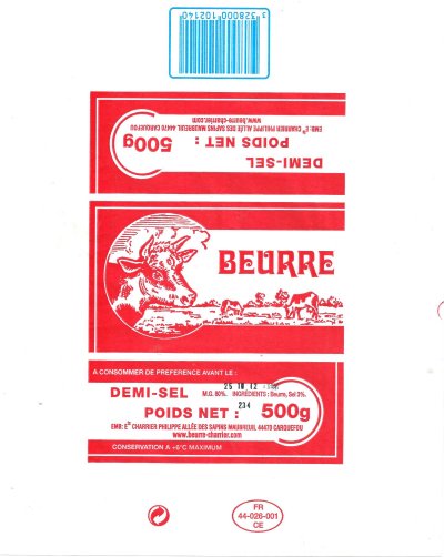 Beurre demi-sel 500g Charrier Philippe Carquefou FR 44.026.001 CE Pays de Loire France