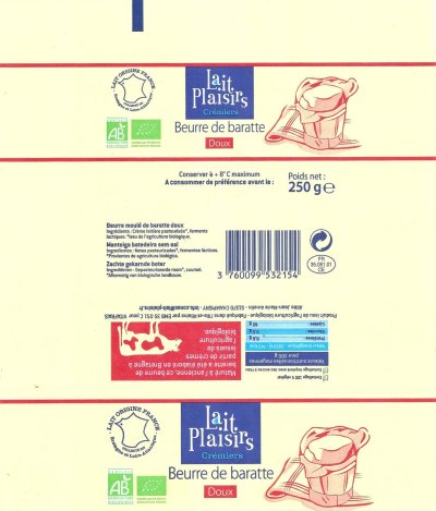 Lait plaisirs crémiers beurre bio de baratte doux lait origine France 250g FR FR 35.051.01 Bretagne