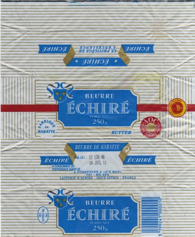 Echiré laiterie d'Echiré Deux-Sèvres beurre de baratte a.o.c. beurre Charentes-Poitou 250g FR 79.109.01 CE Poitou-Charentes France