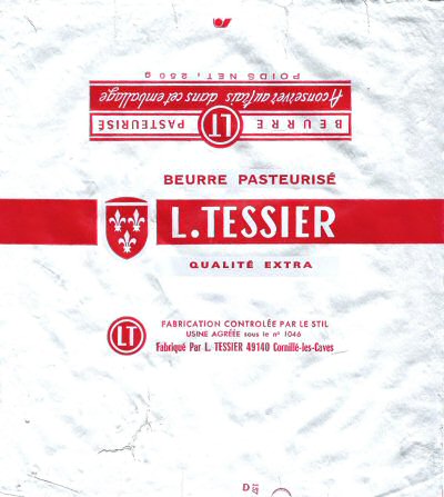 L. Tessier beurre pasteurisé qualité extra 49140 Cornillé-les-Caves usine n° 1046 250g Pays-de-Loire France