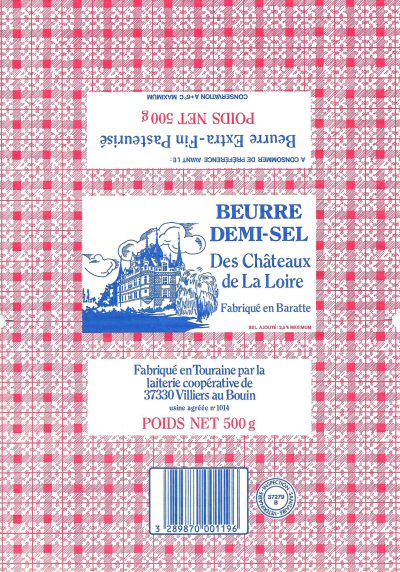 Beurre demi-sel des châteaux de la Loire fabriqué en baratte fabriqué en Touraine par la laiterie coopérative de Villiers au Bouin usine agréée n° 1