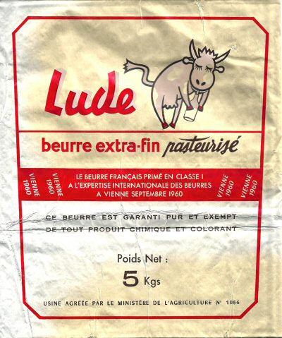 Lude beurre extra-fin pasteurisé beurre français primé à Vienne septembre 1960 5 kgs 5000g usine agréée n° 1086 Pays de Loire France