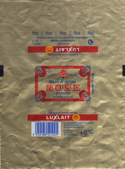 Rose Luxlait beurre de marque contrôlé par l'état pasteurisé première qualité fabriqué et conditionné par Luxlait 250g LU L2 CE Luxembourg