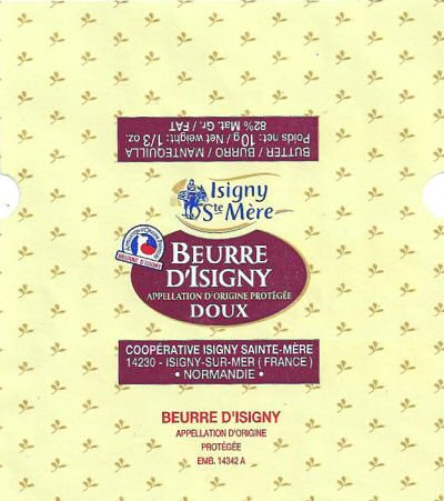 Beurre d'Isigny appellation d'origine protégée doux coopérative Isigny Sainte-Mère Isigny-sur-Mer France Normandie butter burro mantequila Isigny Ste Mère 10g France exportation