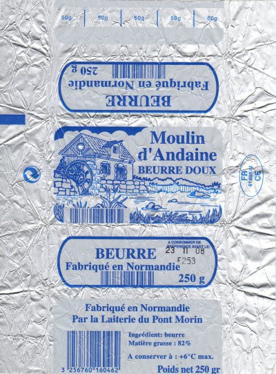 Moulin d'Andaine beurre doux beurre fabriqué en Normandie par la laiterie du Pont Morin 250g FR 61.096.01 CE France
