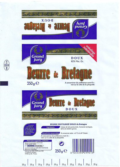 Beurre de Bretagne grand jury beurre pasteurisé doux de Bretagne emballage indéchirable 250g FR 35.239.005 CE France 