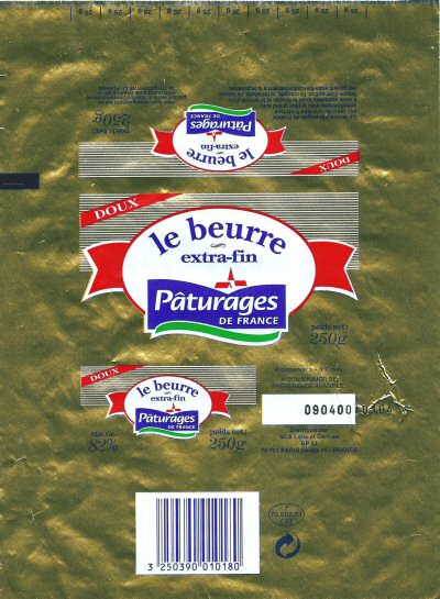 Pâturages de France le beurre extra-fin doux 250g F 70.550.01 CEE Franche-Comté 