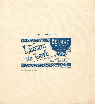 Laiterie de Cuve beurre extra-fin supérieur H. Clair propriétaire Cuve Haute-Saône 250g Franche-Comté France