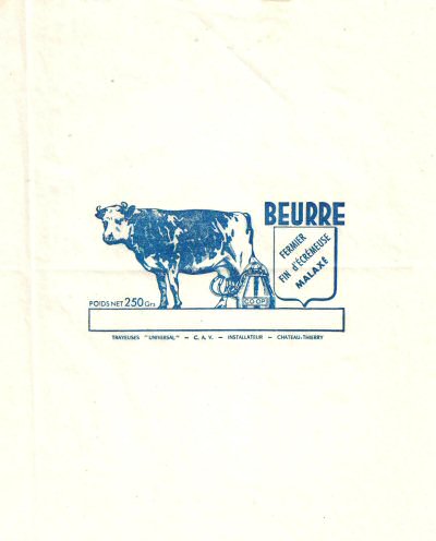 Beurre fermier fin d'écrémeuse malaxé trayeuses Universal C. A. V. installateur Château-Thierry 250g France