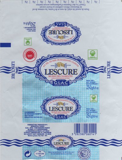 Lescure beurre des Charentes au sel de mer de Marennes Oléron château de Claix G.L.A.C. depuis 1936 Charente-Poitou 250g FR 17.434.002 CE Poitou-Charente