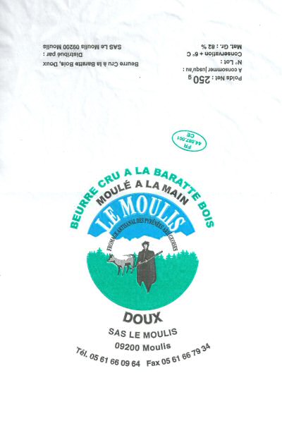 Le Moulis beurre cru à la baratte bois moulé à la main doux SAS Le Moulis 09200 250g FR 44.087.001 CE Midi-Pyrénées France