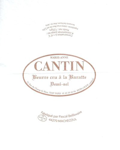 Cantin Marie-Anne beurre cru à la baratte demi-sel fabriqué par Pascal Beillevaire Machecoul 125g FR 44.087.001 Pays de Loire France