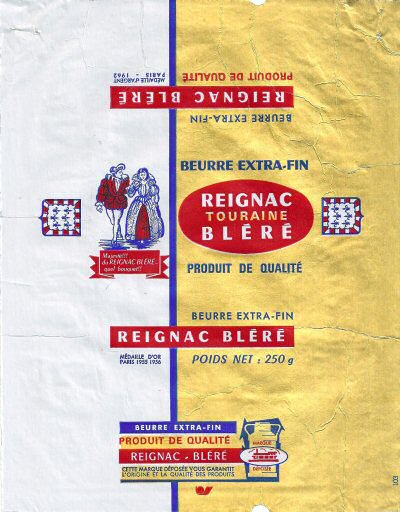 Reignac Touraine Bléré produit de qualité beurre extra-fin médaille d'or Paris 1955-1956 250g Centre France