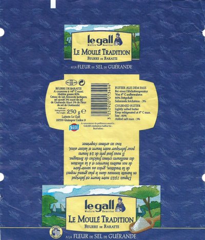 Le Gall maître beurrier depuis 1923 le moulé tradition beurre de baratte à la fleur de sel de Guérande produit de Bretagne 250g FR 29.232.93 CE France