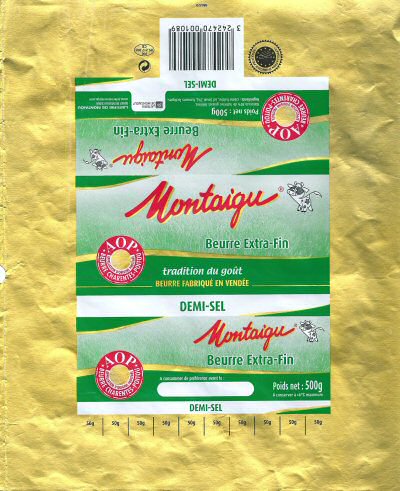 montaigu beurre extra-fin AOP beurre Charentes-Poitou laiterie de Montaigu 500g FR 85.217.001 Pays de Loire France