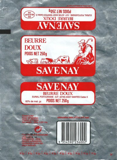 Savenay beurre doux Eurial Poitouraine 250g FR 85.019.01 CE Pays de Loire France
