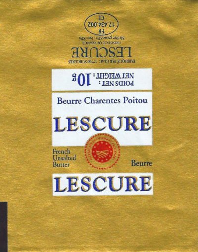 Lescure beurre Charentes-Poitou french unsalted butter 10g FR 17.434.022 CE Poitou-Charentes France