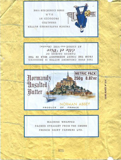 Normandy unsalted butter noman abbey produce of France metric pack 250g 8,82 oz Elle & Vire Manche usine agréée n° 2514 Royaume-Uni