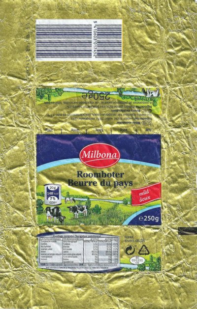 Milbona roomboter beurre du pays mild doux 250g BE CO1221 CE Belgique