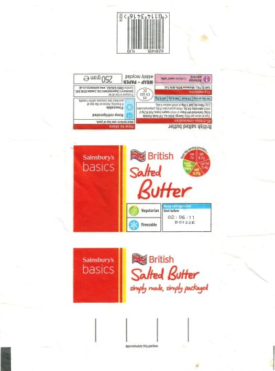 Sainsbury's basics british salted butter simply made simply packaged 250g UK CV 001 EC Royaume-Uni